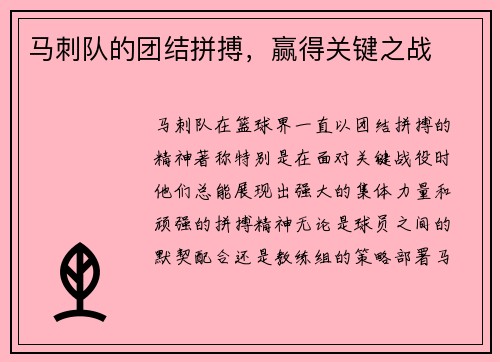 马刺队的团结拼搏，赢得关键之战