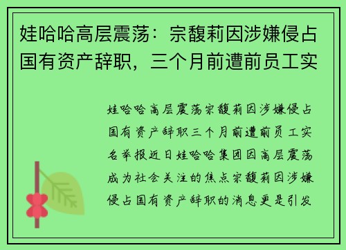 娃哈哈高层震荡：宗馥莉因涉嫌侵占国有资产辞职，三个月前遭前员工实名举报